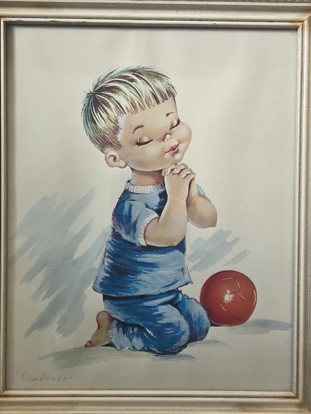 Vintage Constanza Praying Boy & Girl Framed Prints Pair Mid Century Kitsch